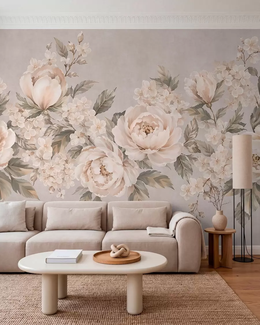 fototapet Flori delicate, de culoarea cremei, și frunze verzi, într-o paletă de culori pastelate w05926