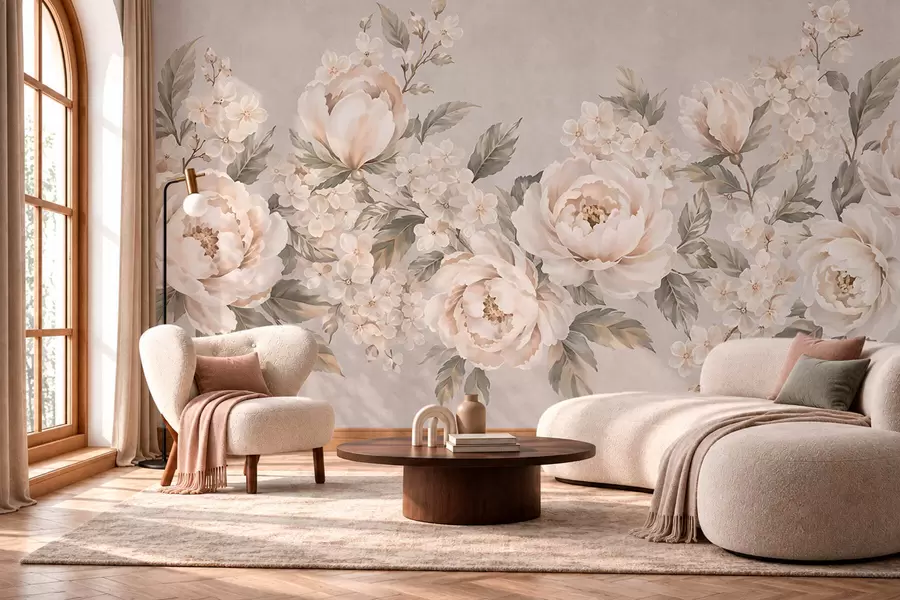 fototapet Flori delicate, de culoarea cremei, și frunze verzi, într-o paletă de culori pastelate w05926