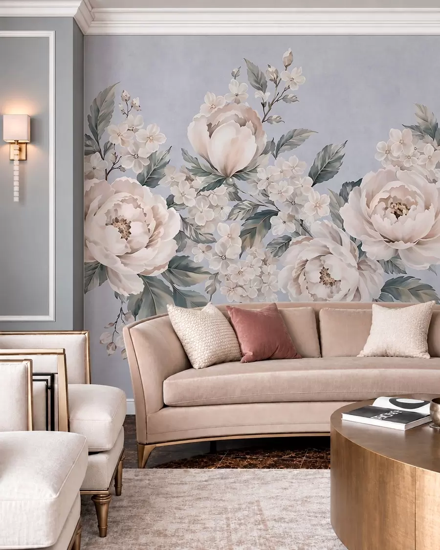 fototapet Flori delicate, de culoare pală, cu frunze, pe un fundal albastru w05926v1
