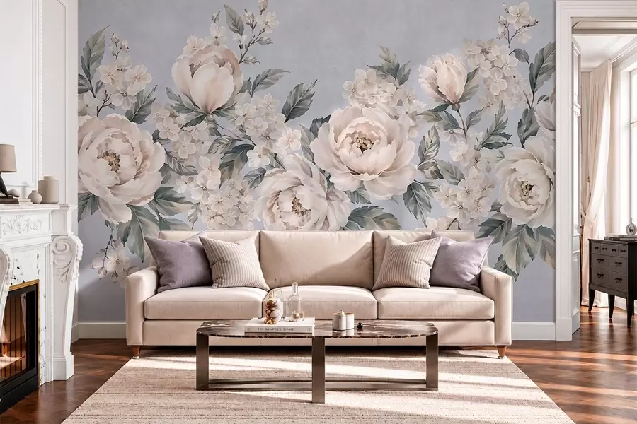 fototapet Flori delicate, de culoare pală, cu frunze, pe un fundal albastru w05926v1