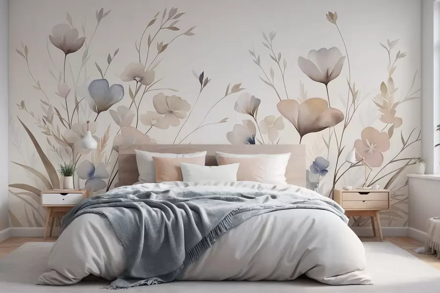 fototapet Flori sălbatice delicate, în nuanțe pastelate de albastru, roz și bej, printre iarbă înaltă w10065