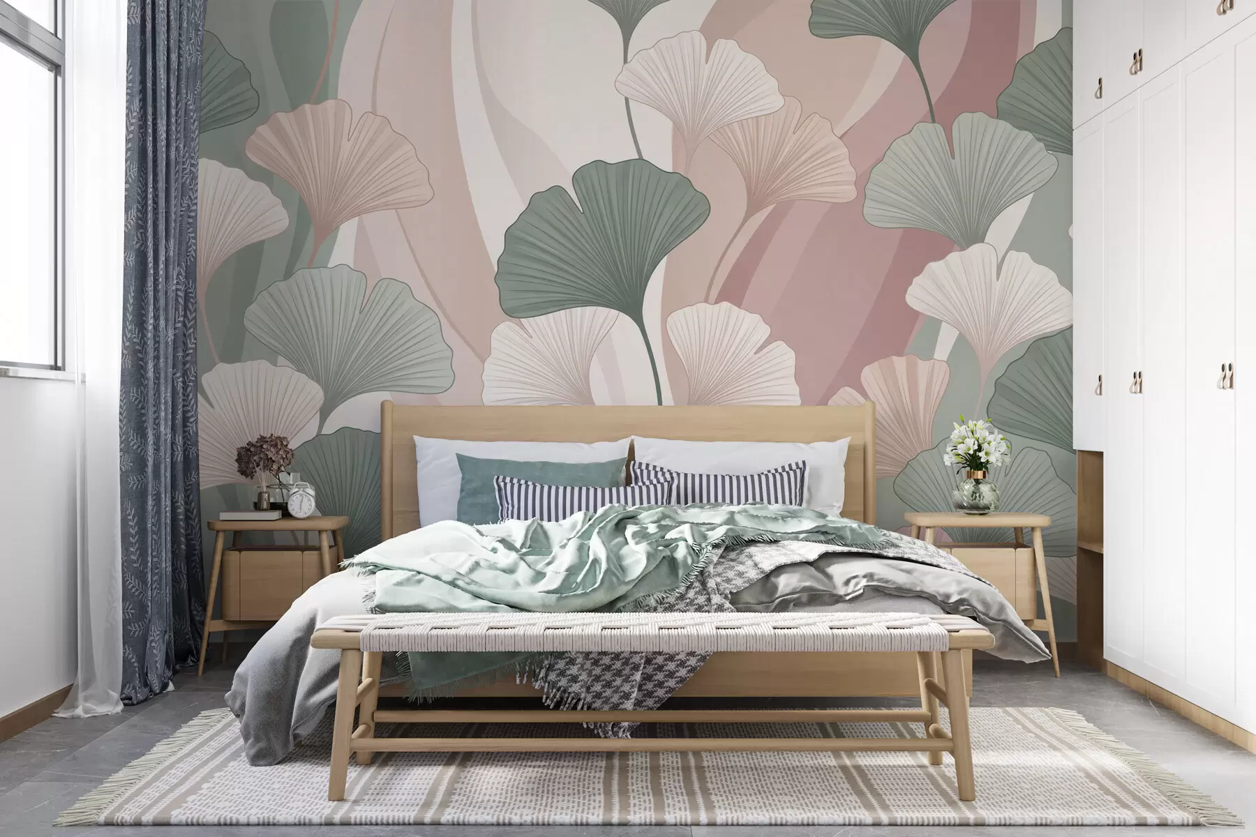 fototapet Frunze de ginkgo în culori pastelate pe un fundal abstract, în nuanțe de verde, crem, bej și roz prăfuit w10040