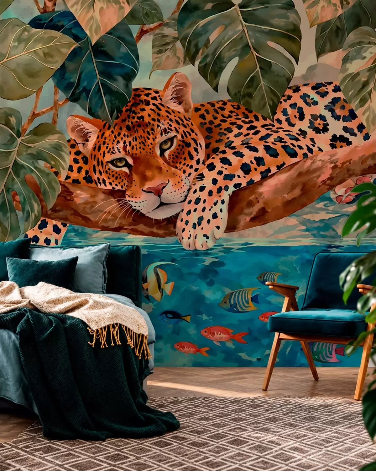 fototapet Un leopard printre frunze tropicale, deasupra apei, alături de pești w05954v1