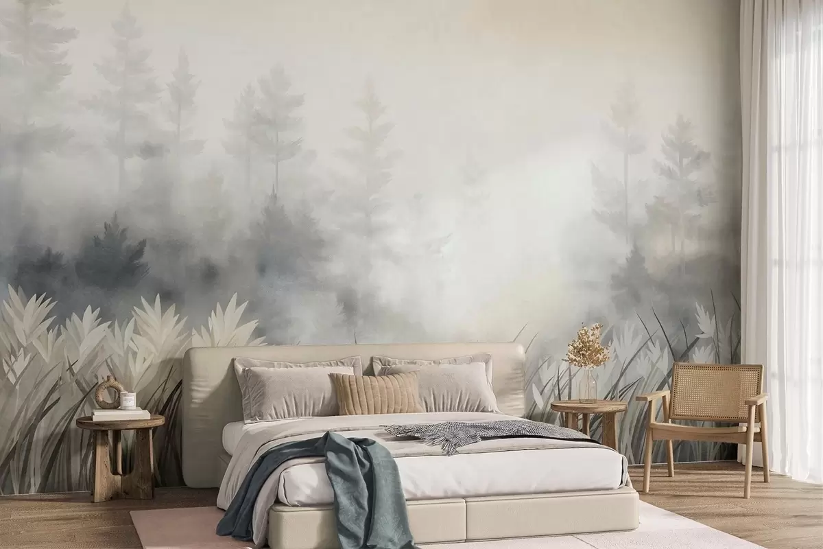 fototapet Peisaj cu iarbă sălbatică înaltă și pădure de pini, în stil minimalist cu texturi w10082