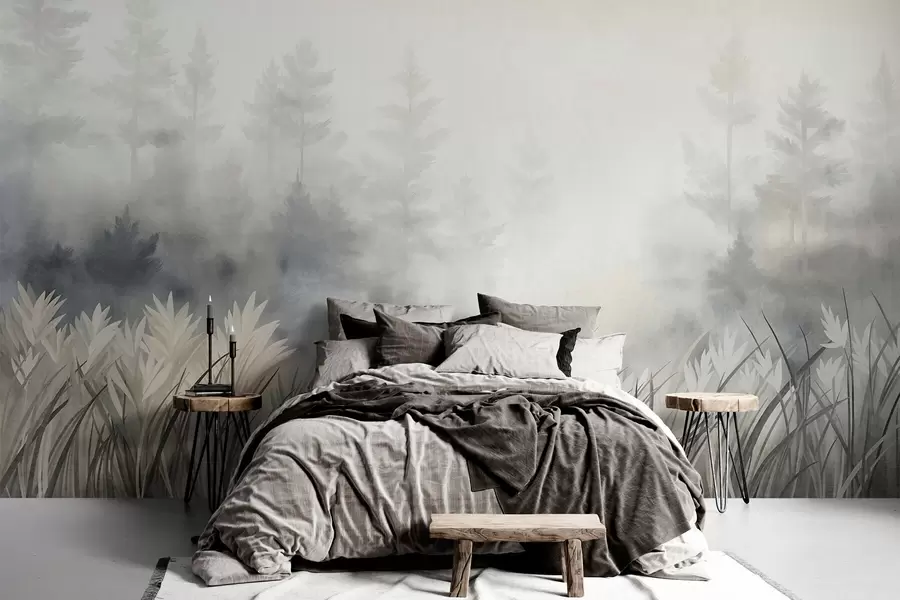 fototapet Peisaj cu iarbă sălbatică înaltă și pădure de pini, în stil minimalist cu texturi w10082