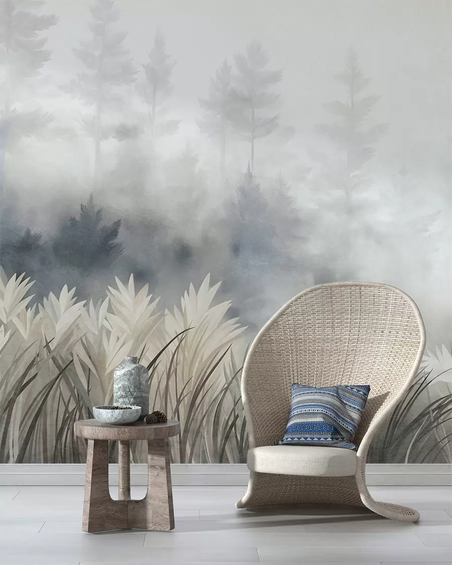 fototapet Peisaj cu iarbă sălbatică înaltă și pădure de pini, în stil minimalist cu texturi w10082