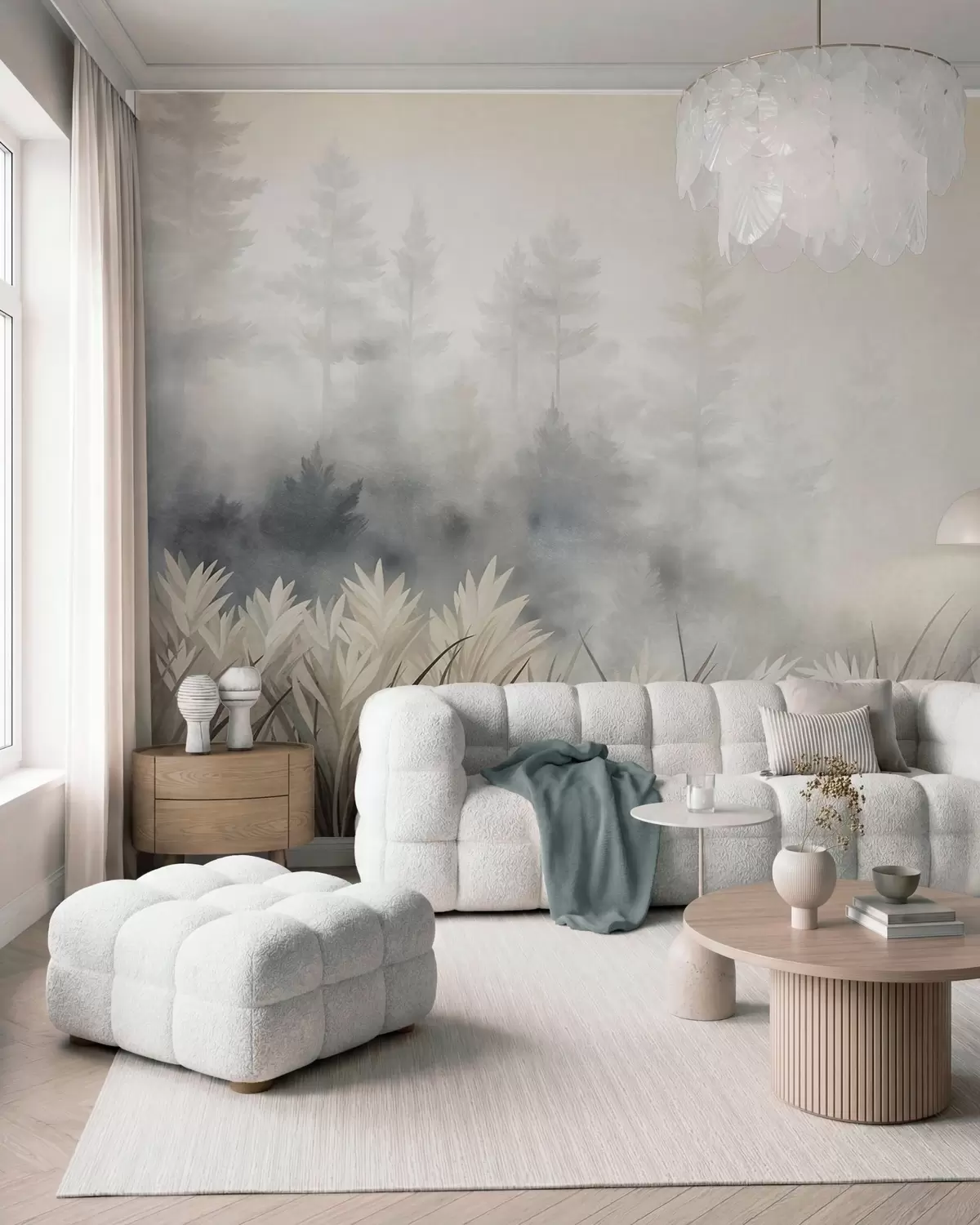 fototapet Peisaj cu iarbă sălbatică înaltă și pădure de pini, în stil minimalist cu texturi w10082