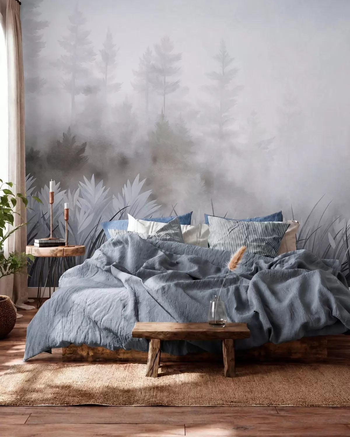 fototapet Peisaj cu iarbă sălbatică înaltă și pădure de pini, în stil minimalist cu texturi w10082v1