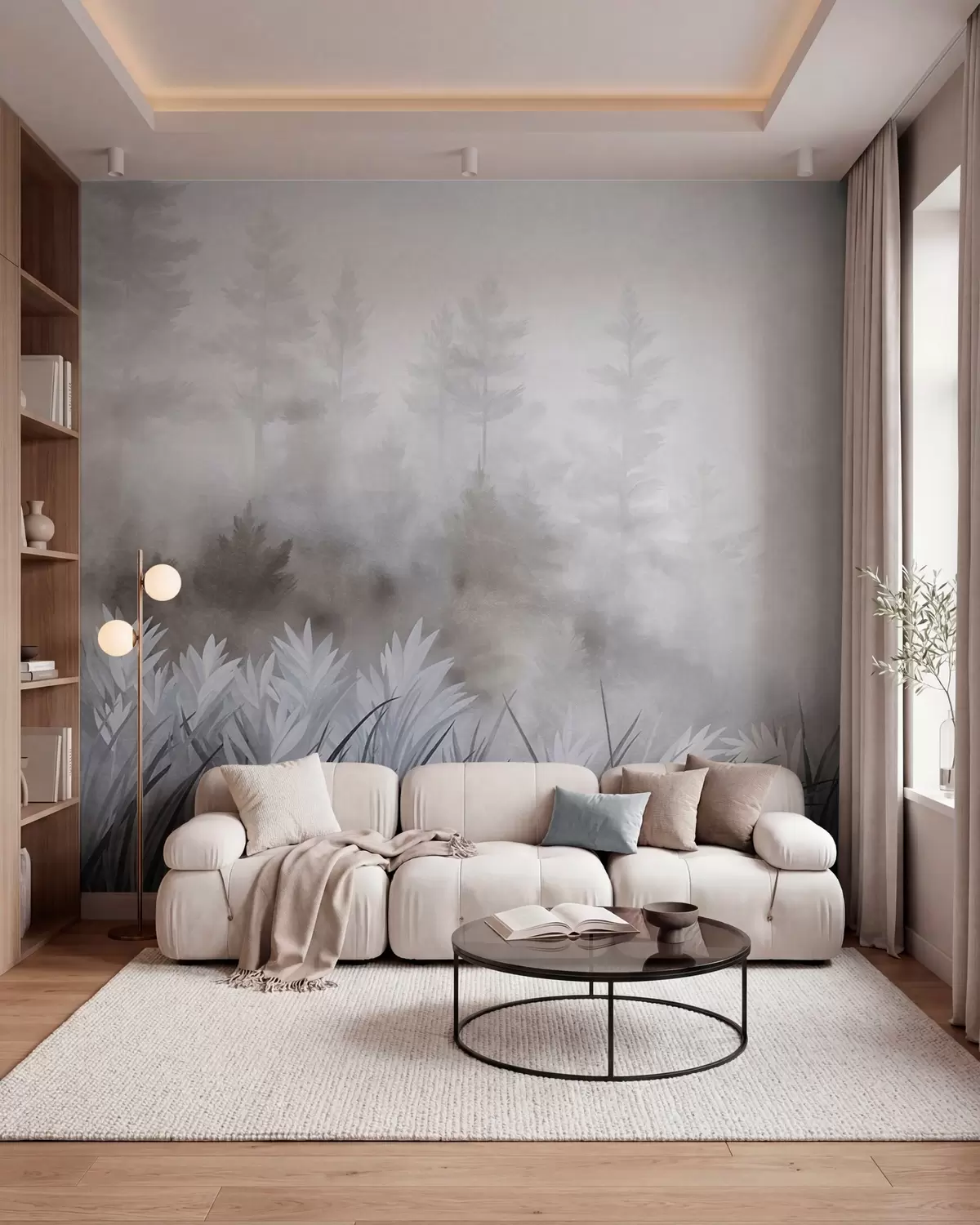 fototapet Peisaj cu iarbă sălbatică înaltă și pădure de pini, în stil minimalist cu texturi w10082v1