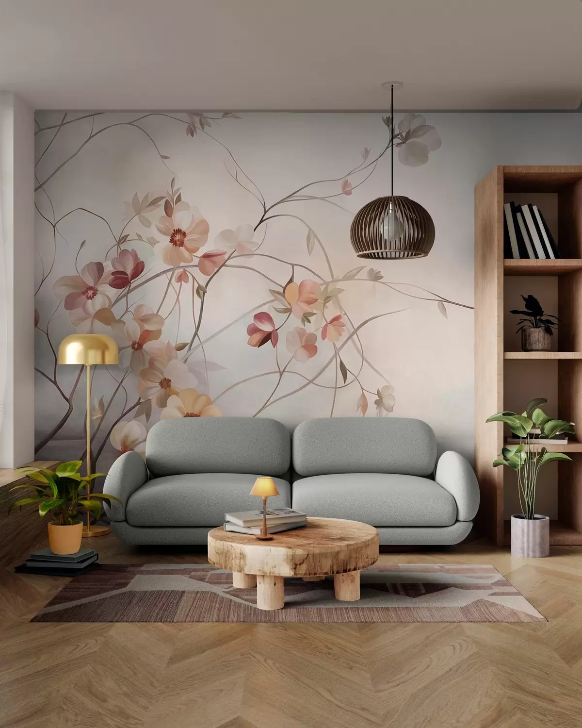 fototapet Viță de vie încolăcită, cu flori delicate de culoarea piersicii și a cremei w10083