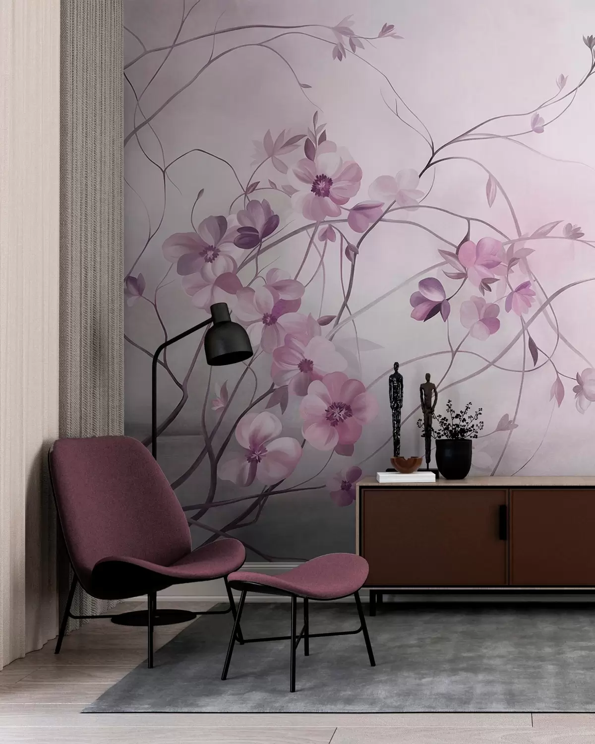 fototapet Viță de vie încolăcită, cu flori delicate, de un roz pal w10083v1