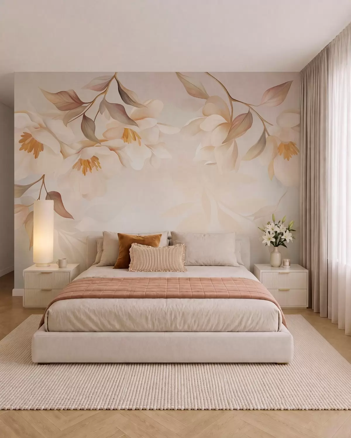fototapet Flori de magnolie cu frunze delicate de culoare maro care atârnă de ramuri w10086