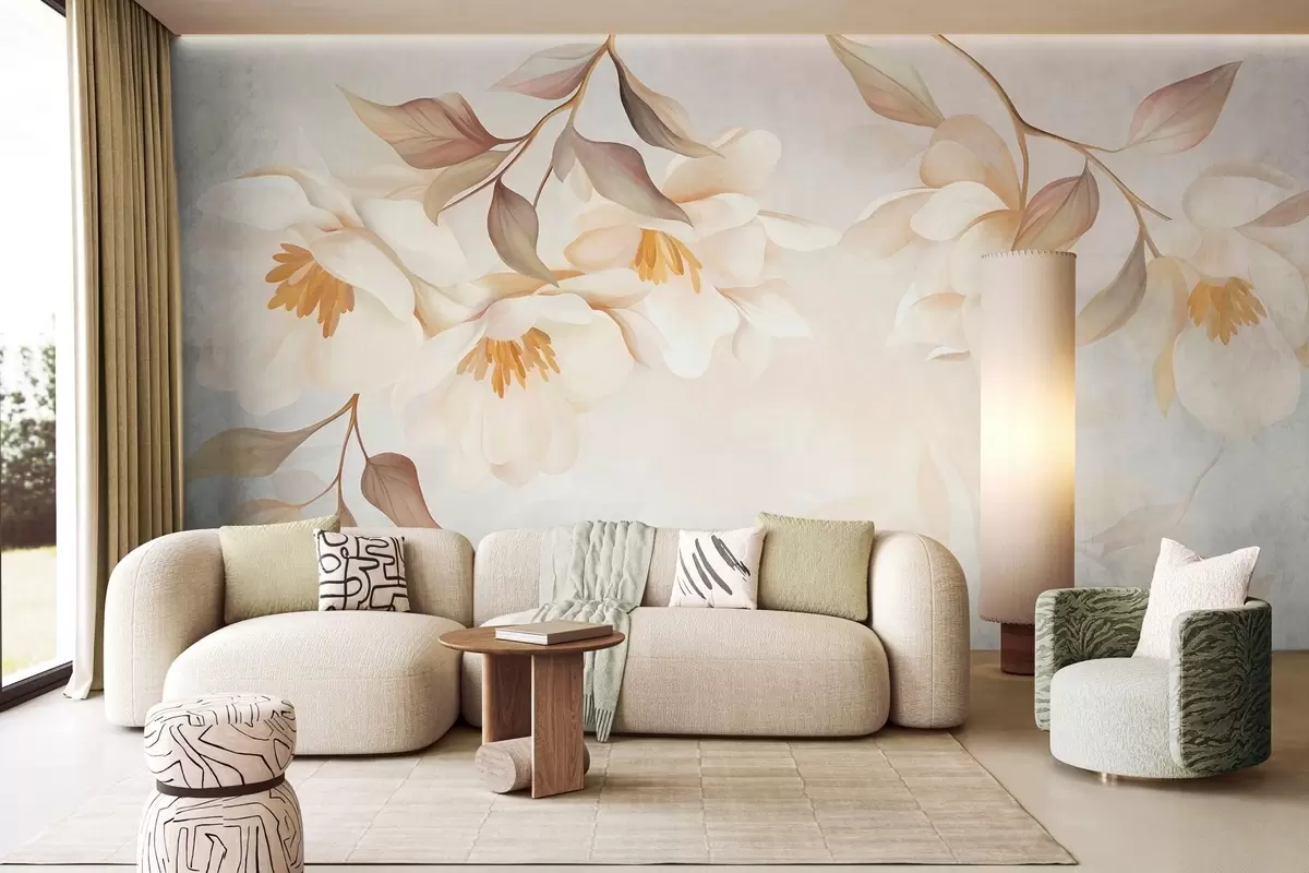 fototapet Flori de magnolie cu frunze delicate de culoare maro care atârnă de ramuri w10086