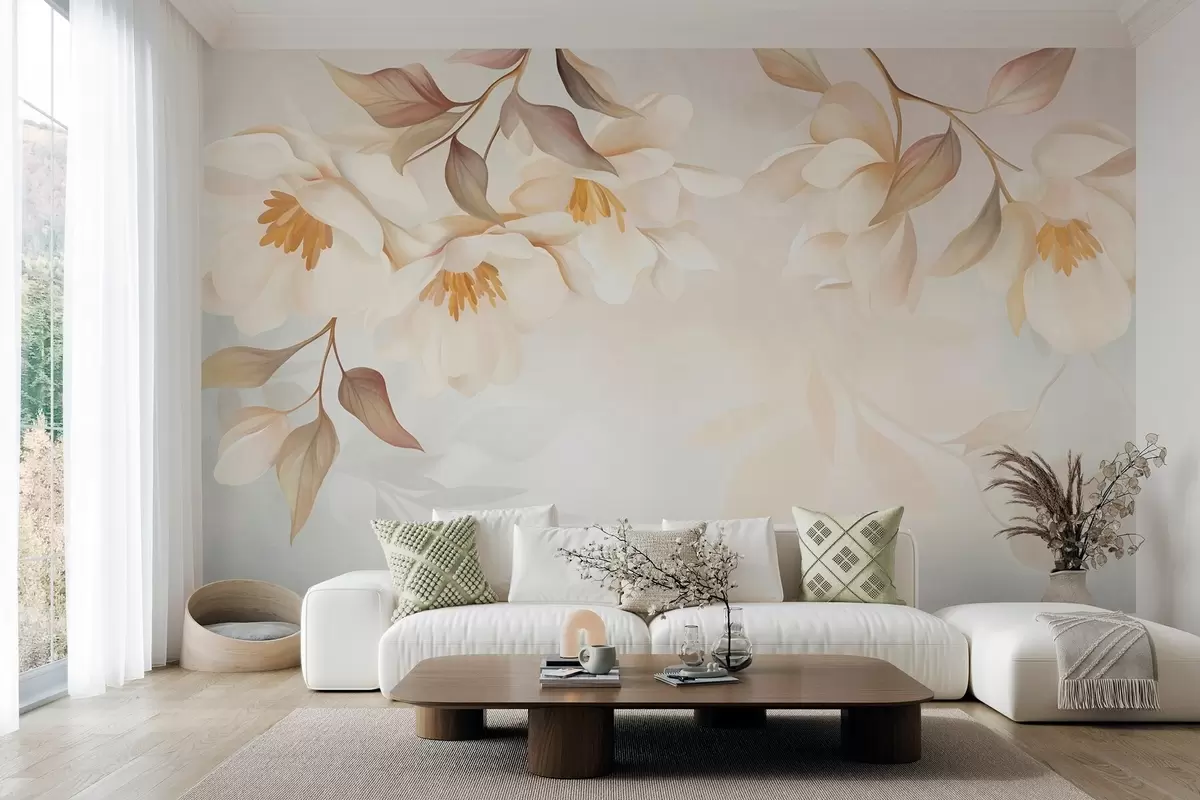 fototapet Flori de magnolie cu frunze delicate de culoare maro care atârnă de ramuri w10086