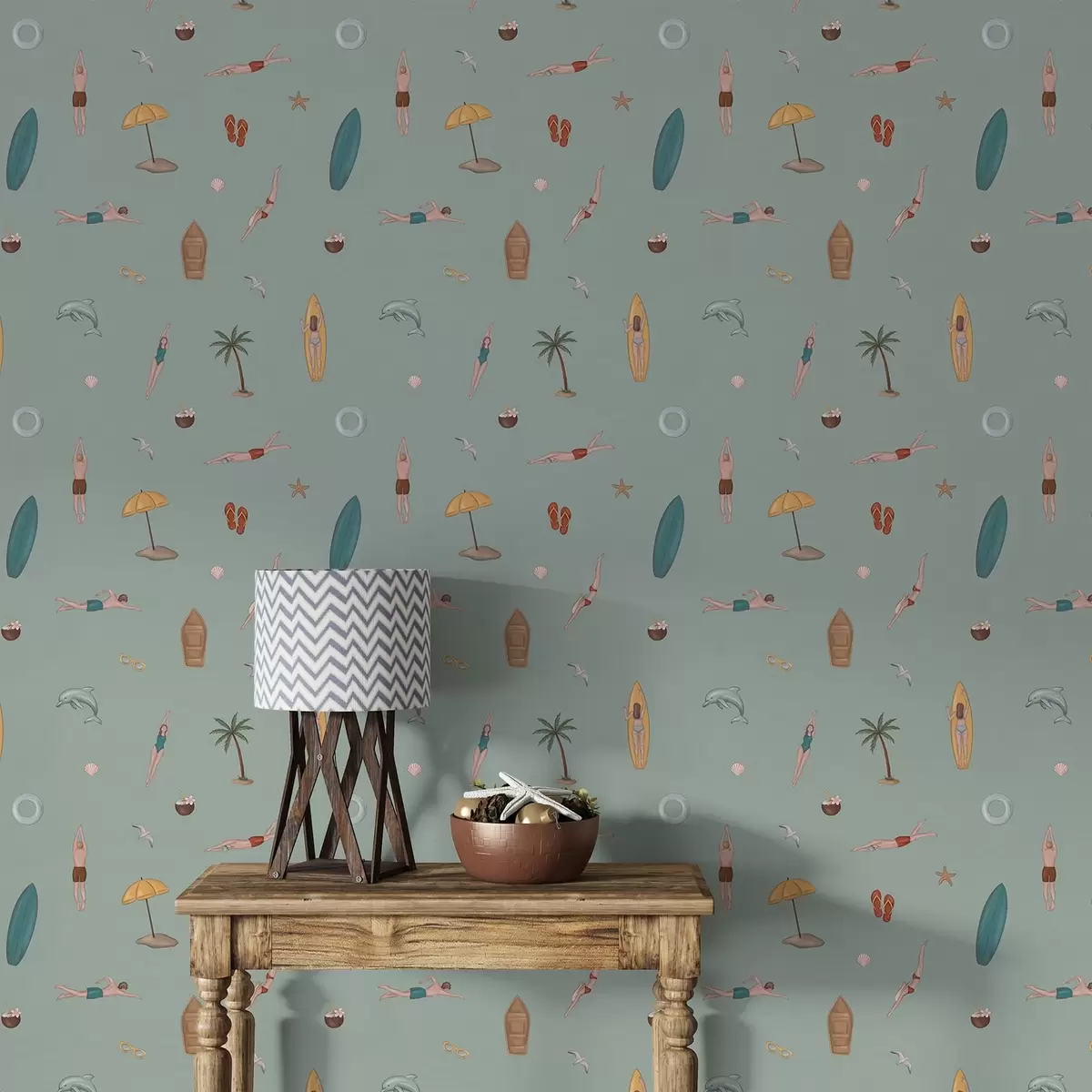 Wallpaper Accesorii pentru înotători, delfini și plajă pe un fundal verde a01275v2