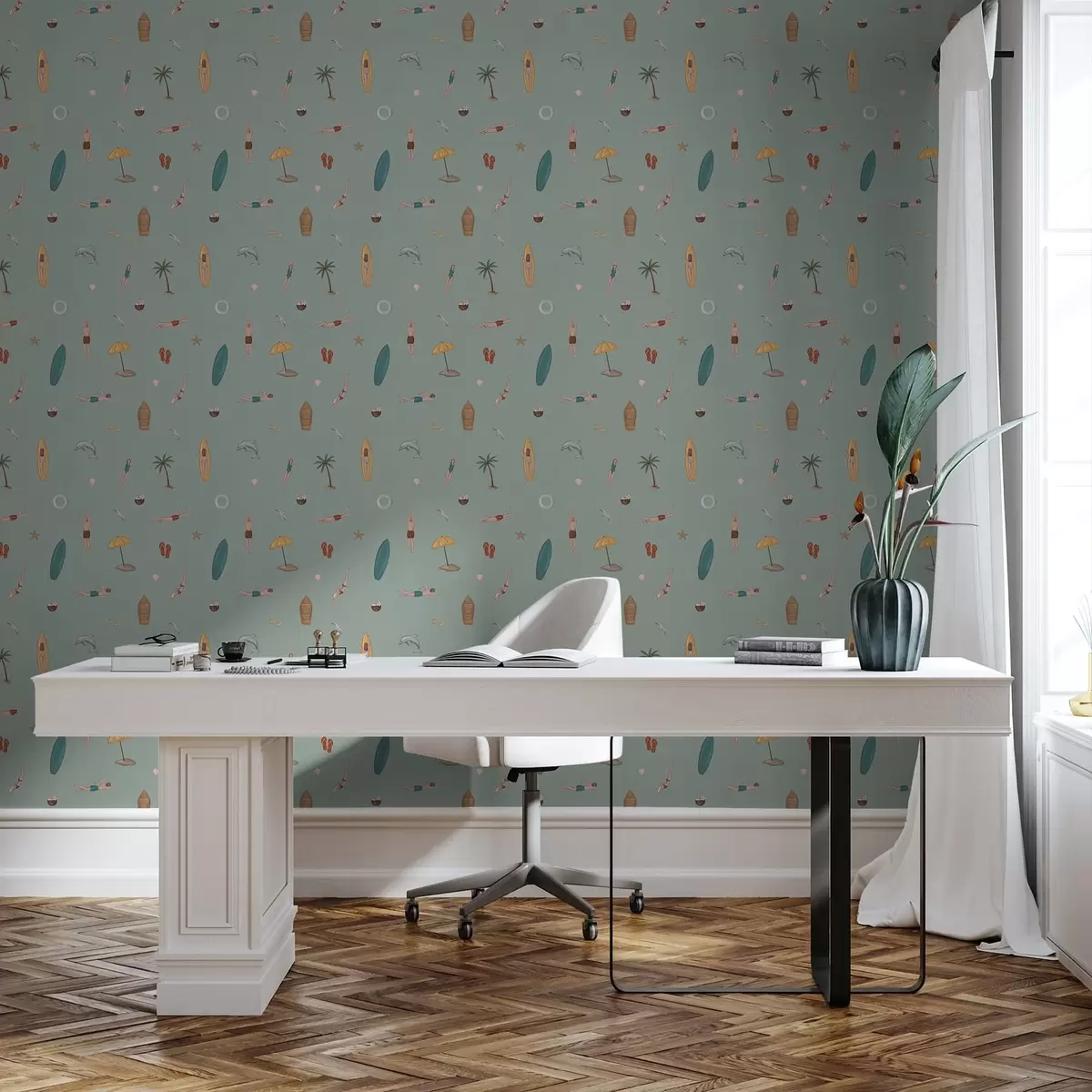 Wallpaper Accesorii pentru înotători, delfini și plajă pe un fundal verde a01275v2