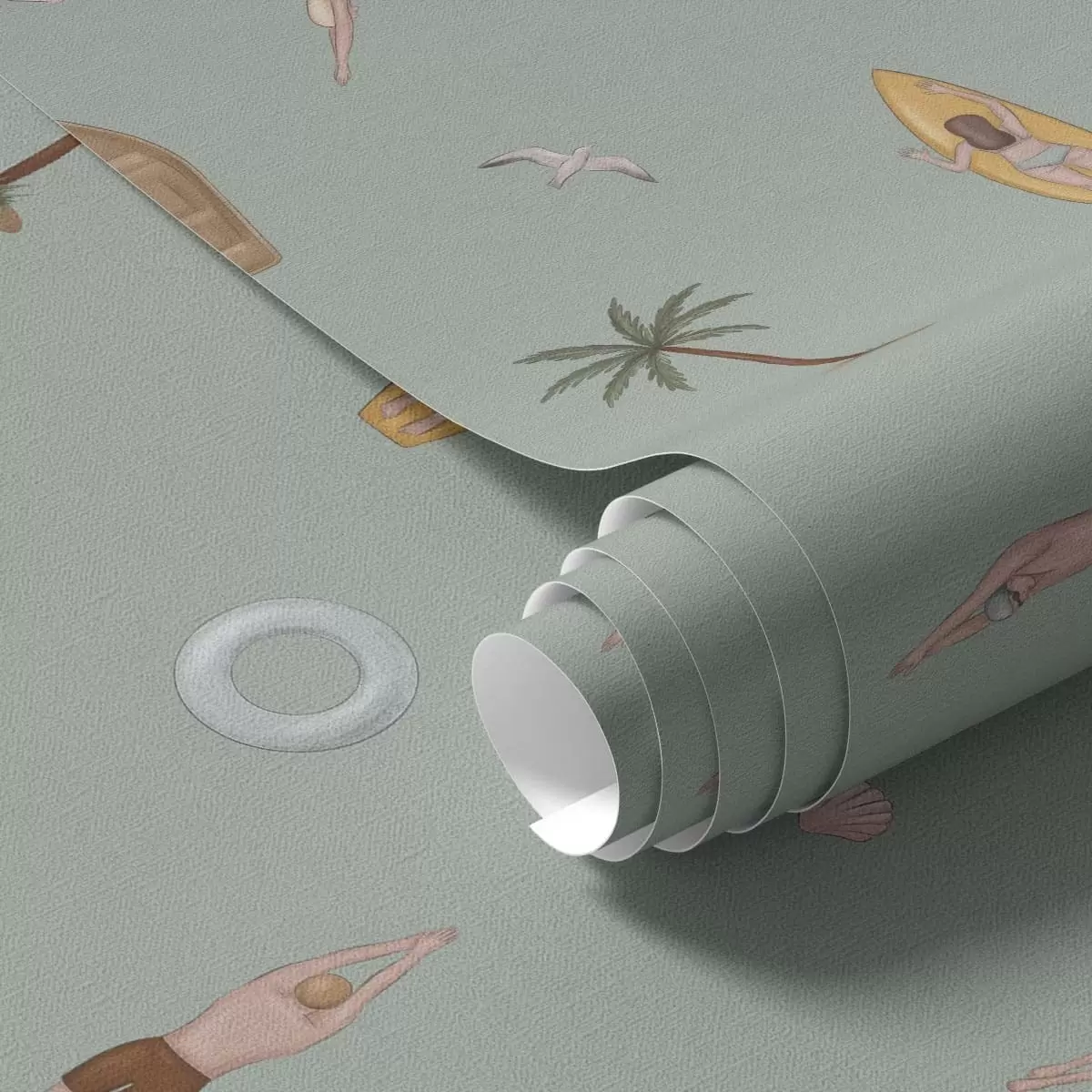 Wallpaper Accesorii pentru înotători, delfini și plajă pe un fundal verde a01275v2
