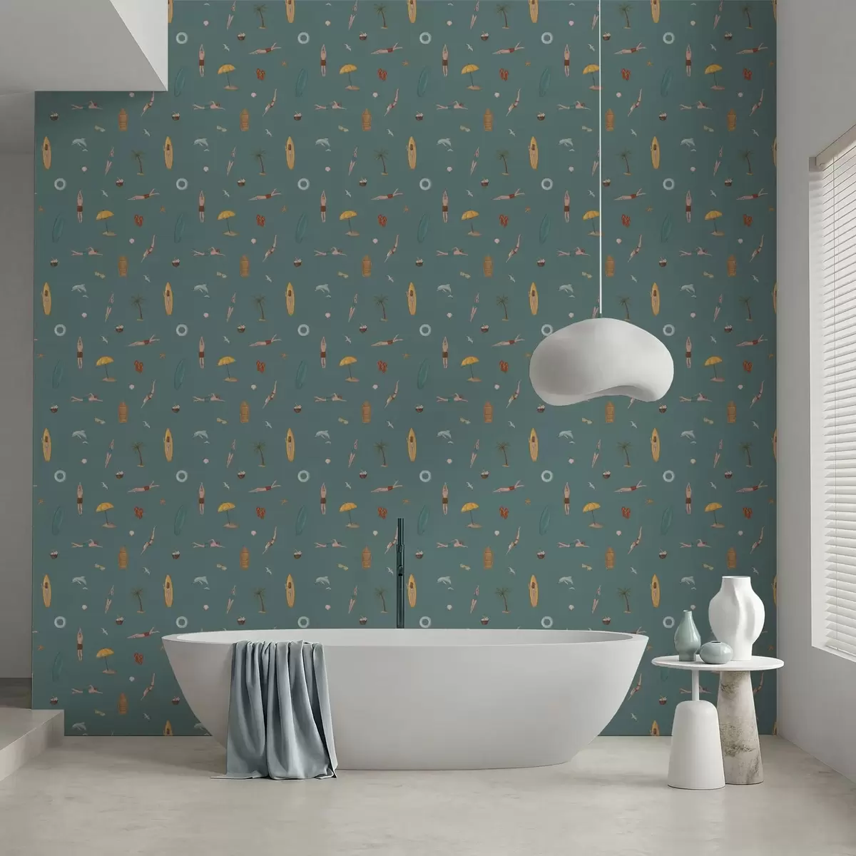 Wallpaper Motive cu înotători, delfini și elemente tropicale pe un fundal verde-albastru închis a01275v3