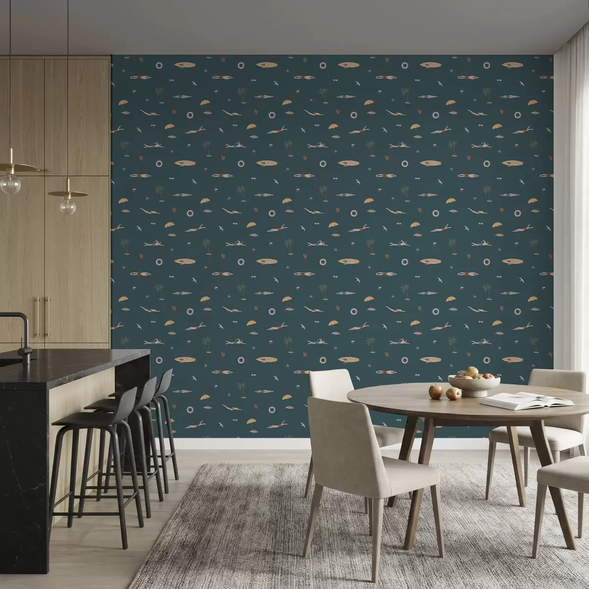 Wallpaper Înotători, palmieri și accesorii de plajă pe un fundal albastru închis a01276
