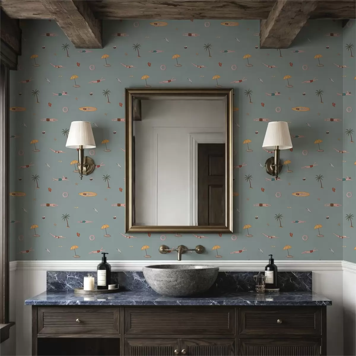 Wallpaper Înotători, palmieri și accesorii de plajă pe un fundal verde salvie a01276v1