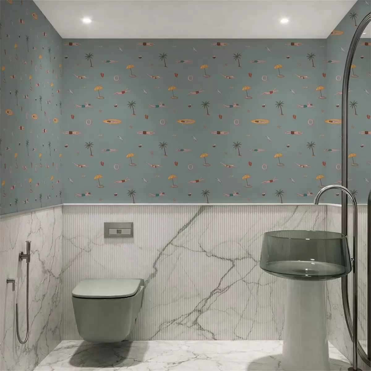 Wallpaper Înotători, palmieri și accesorii de plajă pe un fundal verde salvie a01276v1