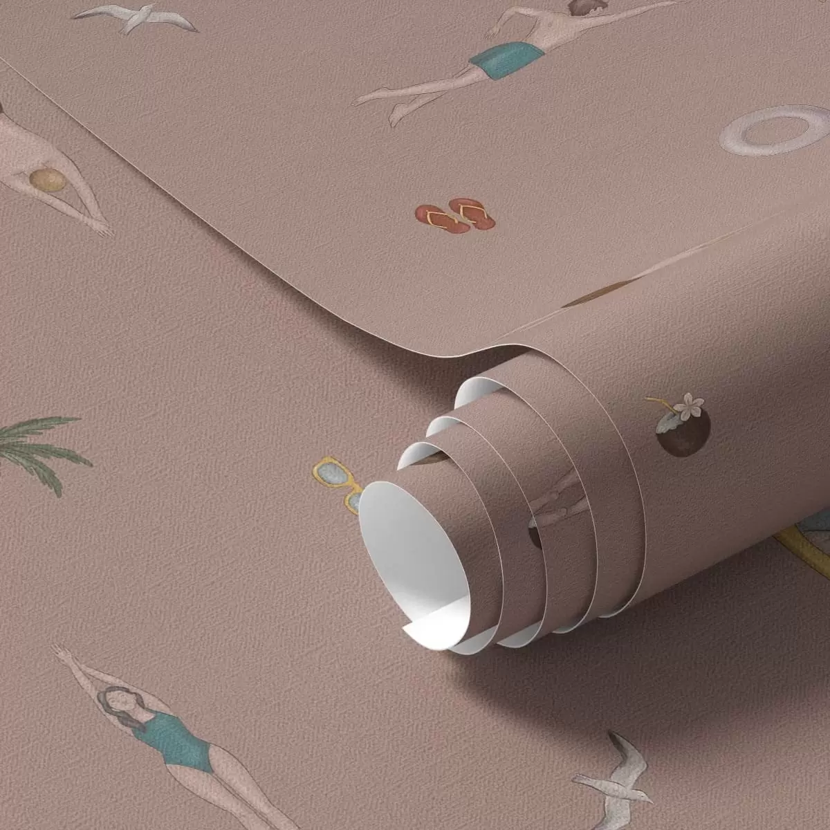Wallpaper Înotători, palmieri și accesorii de plajă pe un fundal roz a01276v2