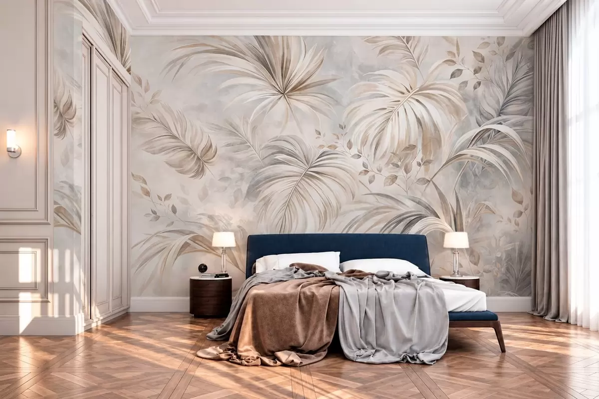 fototapet Frunziș tropical în nuanțe delicate de bej și gri w05956