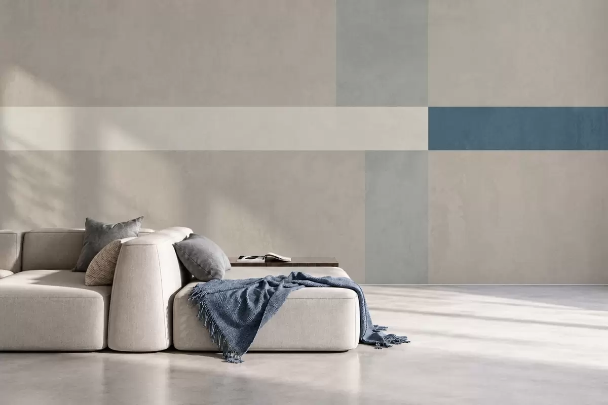 fototapet Rectangule abstracte în nuanțe de bej și gri, cu un accent albastru w05891v2