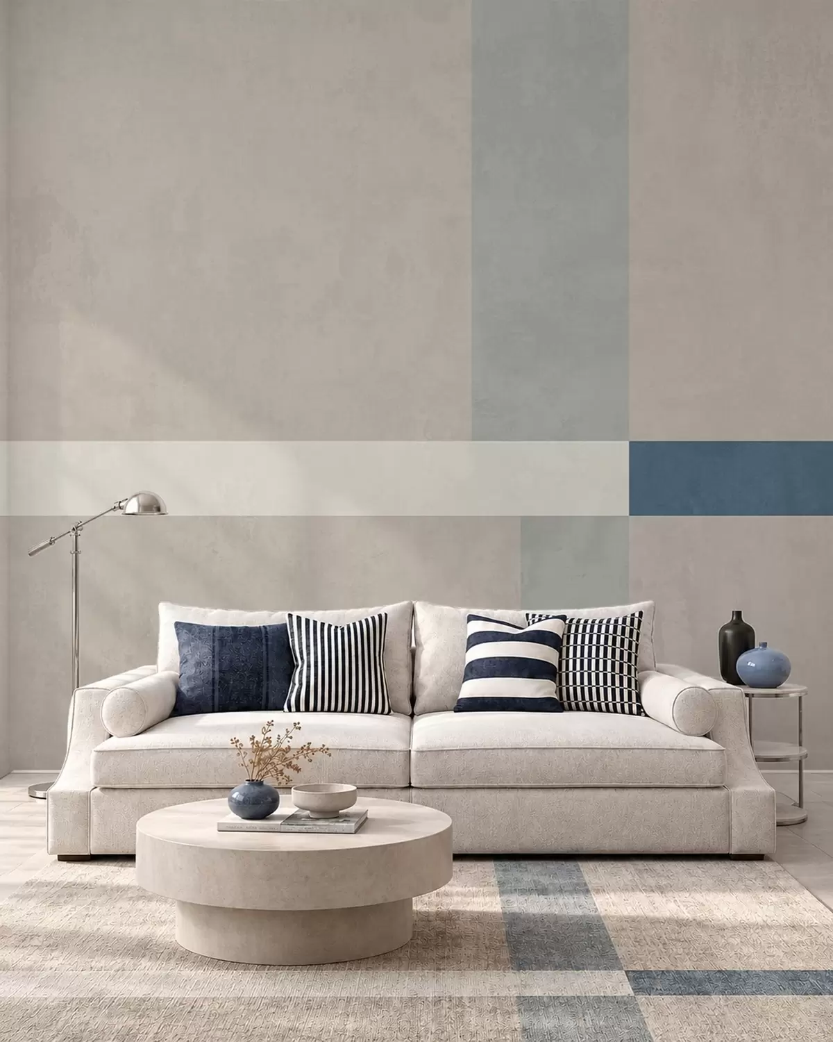 fototapet Rectangule abstracte în nuanțe de bej și gri, cu un accent albastru w05891v2