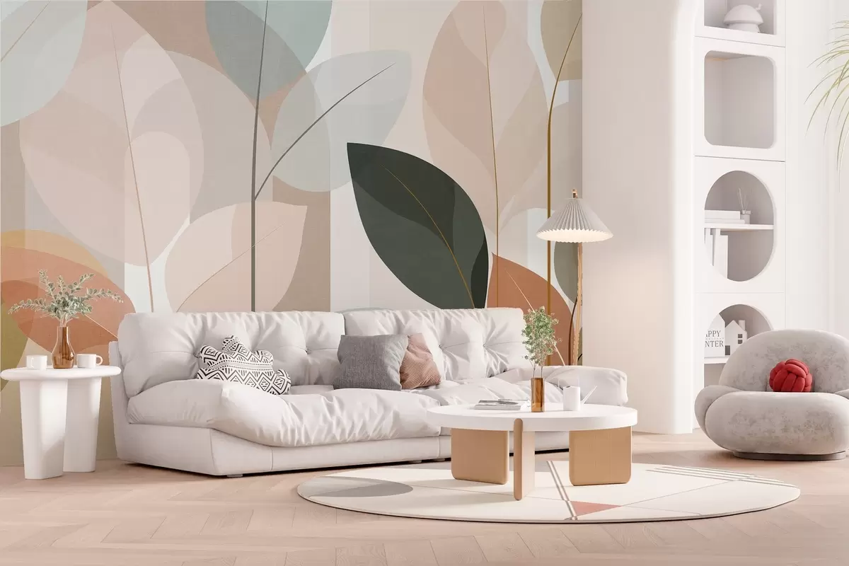 fototapet un model abstract cu frunze, realizat într-un stil de țesătură mată, în nuanțe de bej, teracotă și piersică w05986