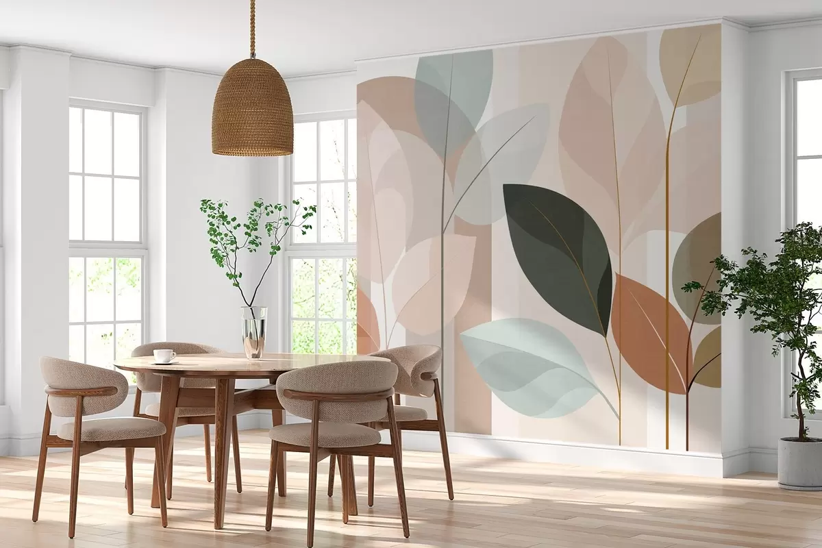 fototapet un model abstract cu frunze, realizat într-un stil de țesătură mată, în nuanțe de bej, teracotă și piersică w05986