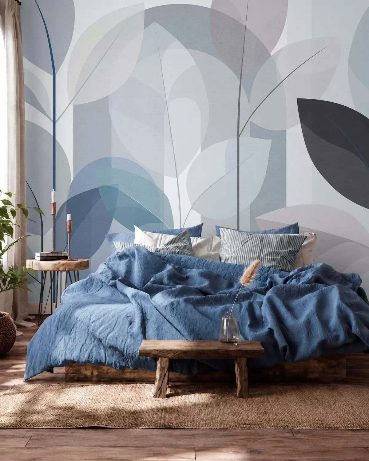 fototapet un model abstract cu frunze, realizat într-un stil de țesătură mată, în nuanțe de albastru w05986v2