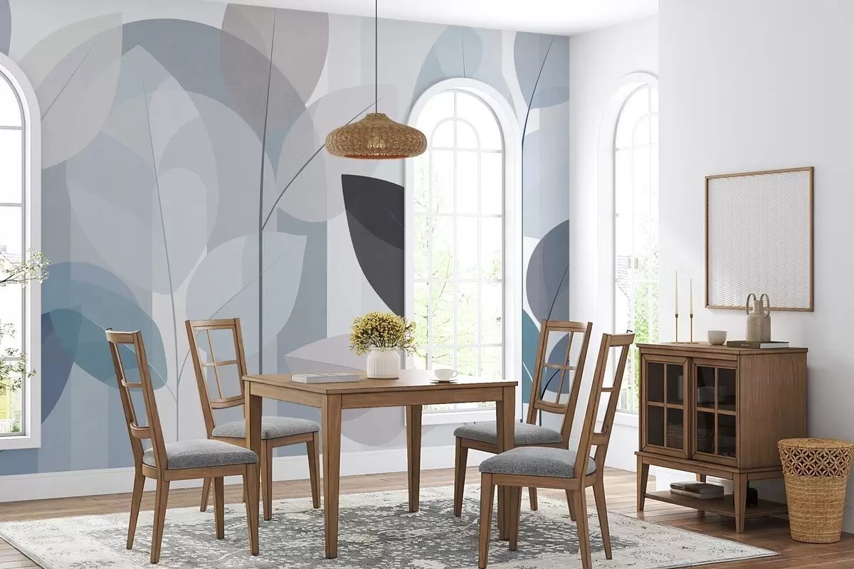 fototapet un model abstract cu frunze, realizat într-un stil de țesătură mată, în nuanțe de albastru w05986v2