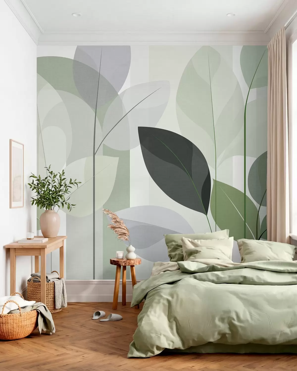fototapet un model abstract cu frunze, realizat într-un stil de țesătură mată, în nuanțe de verde w05986v1