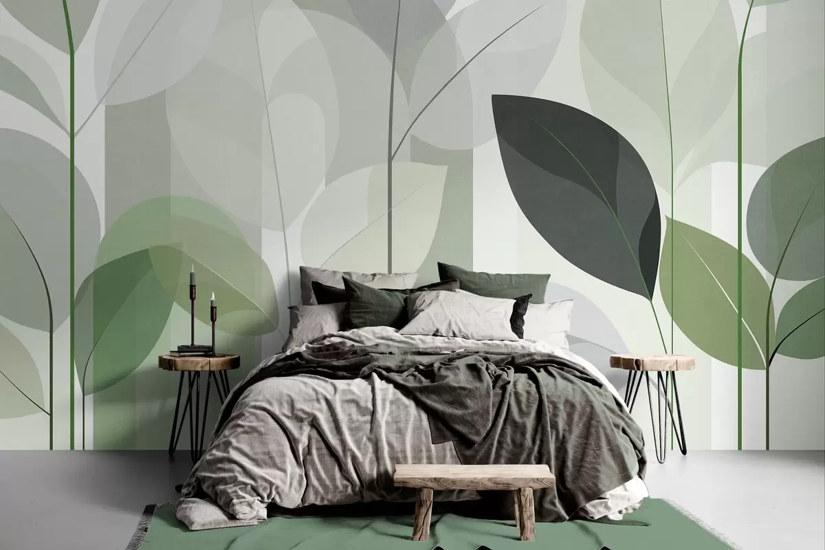 fototapet un model abstract cu frunze, realizat într-un stil de țesătură mată, în nuanțe de verde w05986v1