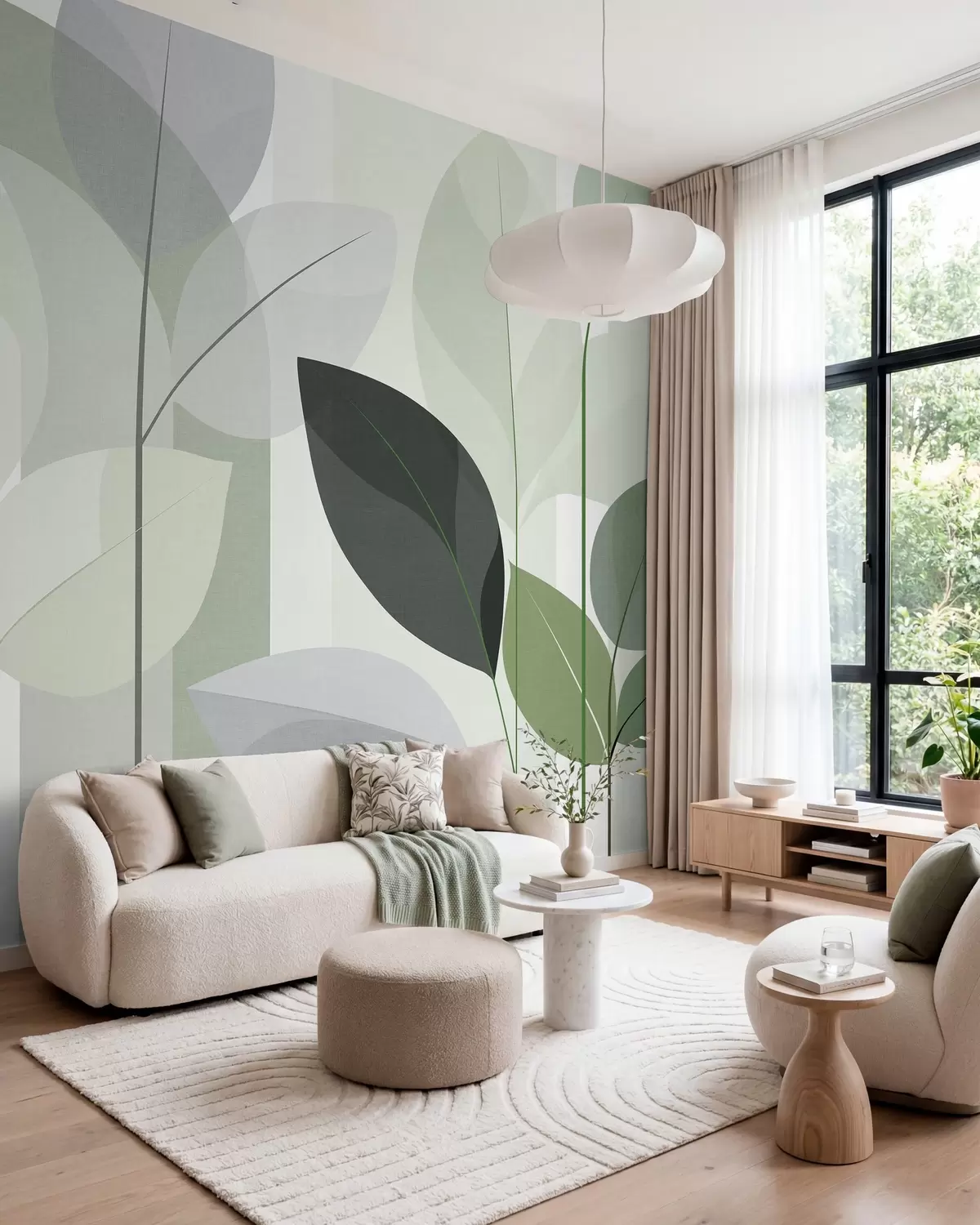 fototapet un model abstract cu frunze, realizat într-un stil de țesătură mată, în nuanțe de verde w05986v1
