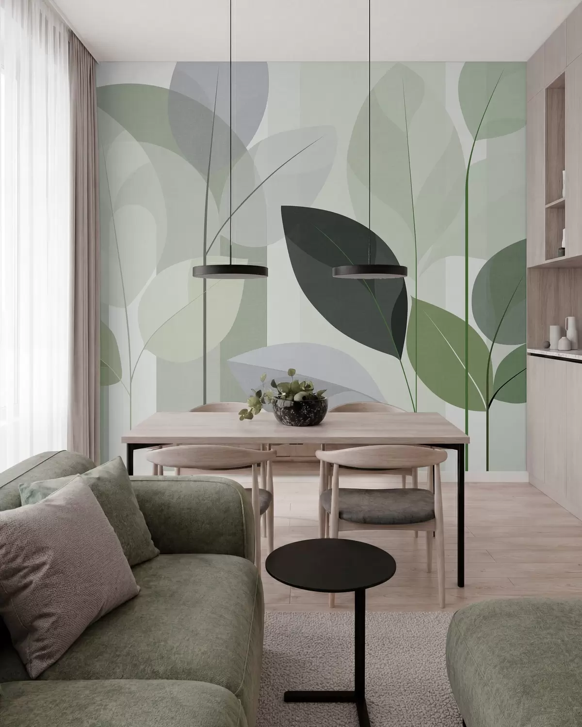 fototapet un model abstract cu frunze, realizat într-un stil de țesătură mată, în nuanțe de verde w05986v1