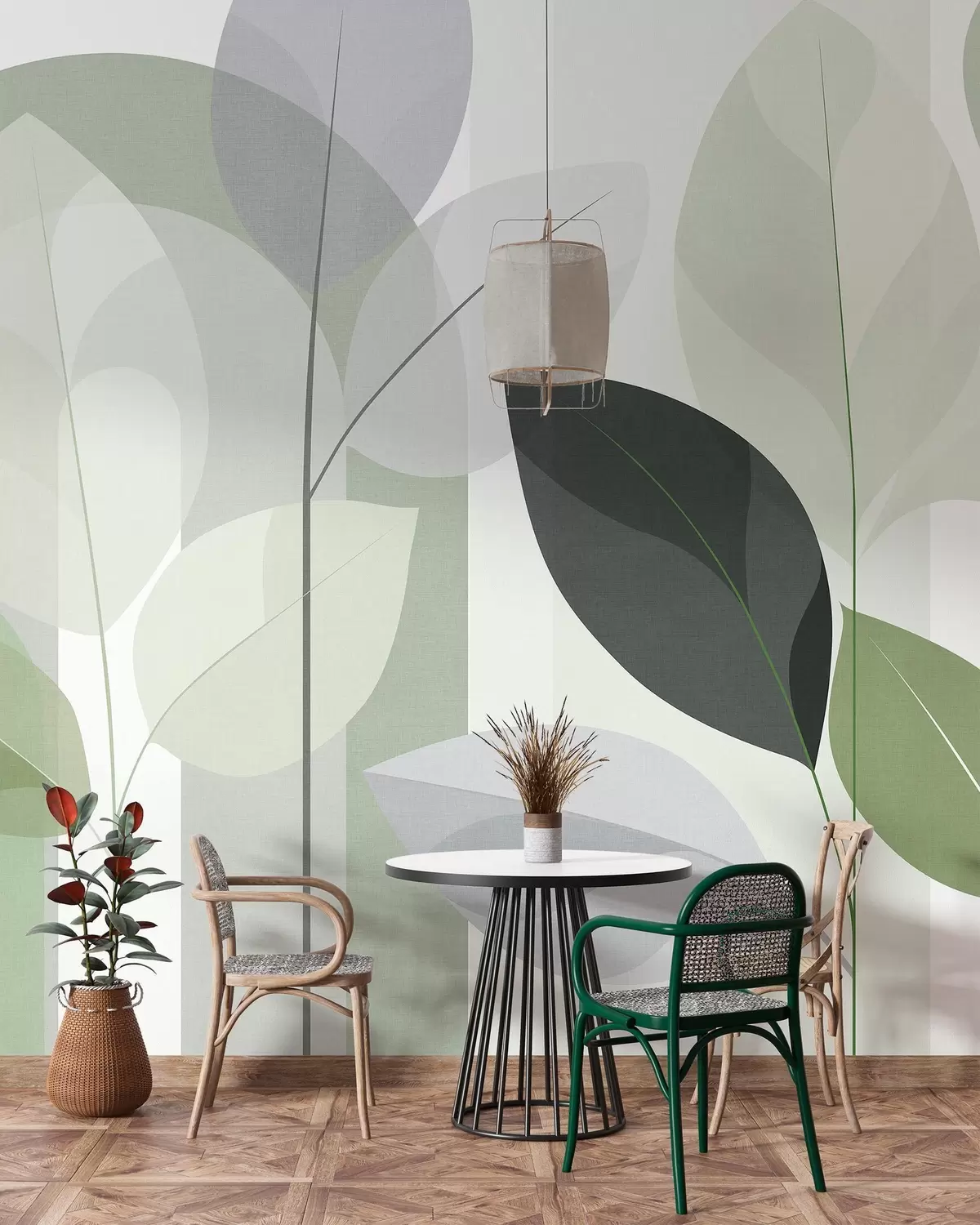 fototapet un model abstract cu frunze, realizat într-un stil de țesătură mată, în nuanțe de verde w05986v1