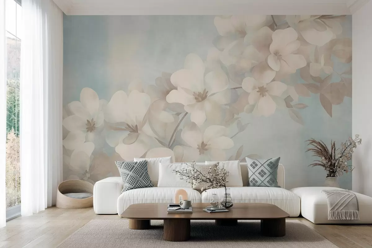 fototapet Flori albe pe o ramură, culori pastelate delicate, fundal texturat de un albastru deschis w10107