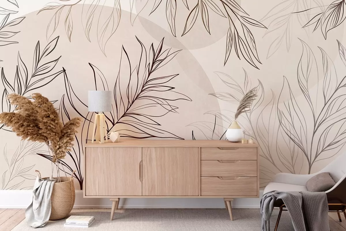 fototapet Desene minimaliste în stil line art reprezentând frunze și vegetație tropicală, forme circulare în culori pastelate w10111v1