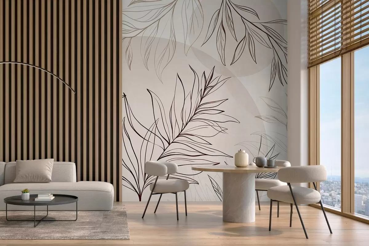 fototapet Desene minimaliste în stil line art reprezentând frunze și vegetație tropicală, forme circulare în culori pastelate w10111v1