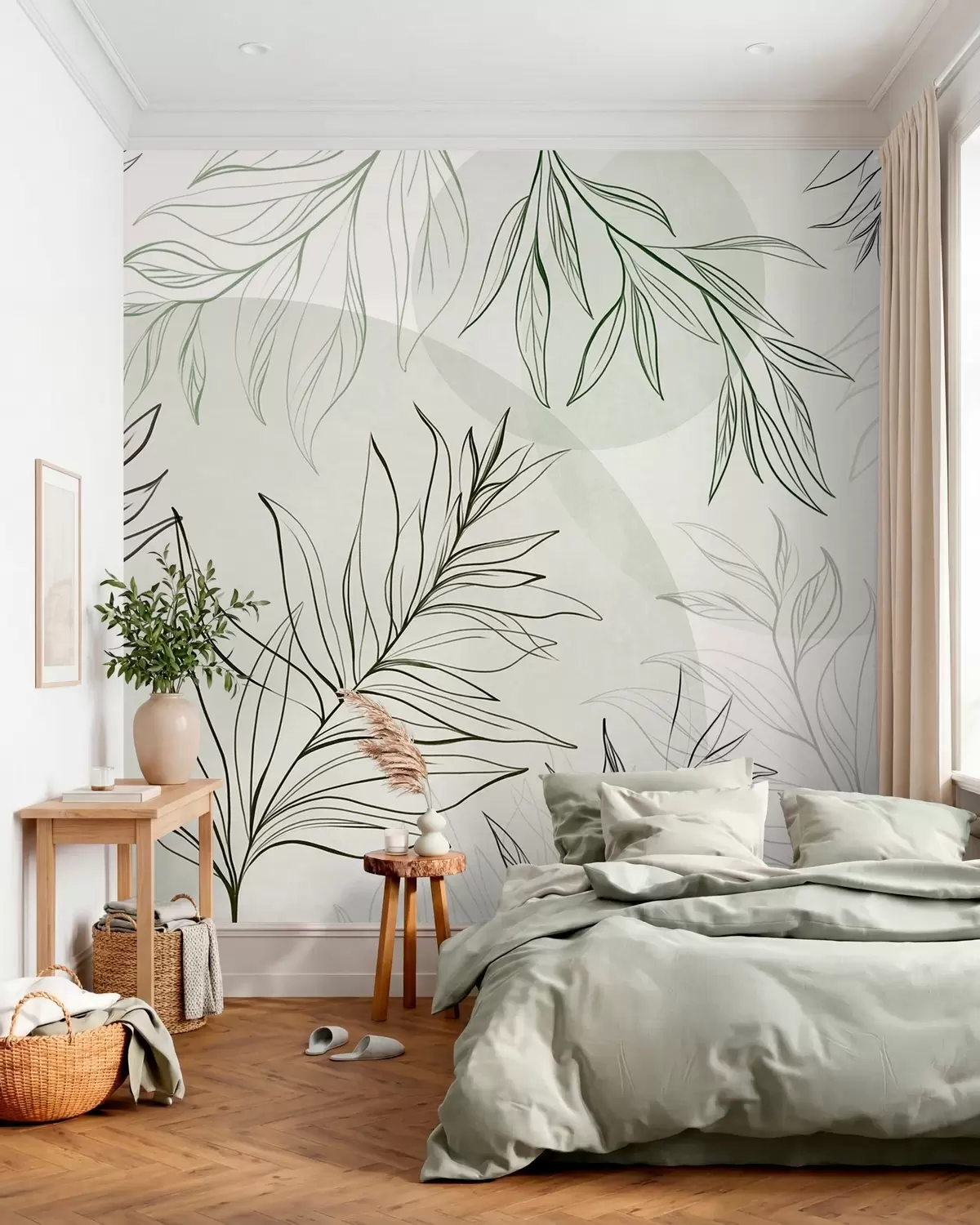 fototapet Desene minimaliste în stil line art reprezentând frunze și vegetație tropicală, forme circulare în culori pastelate w10111v2