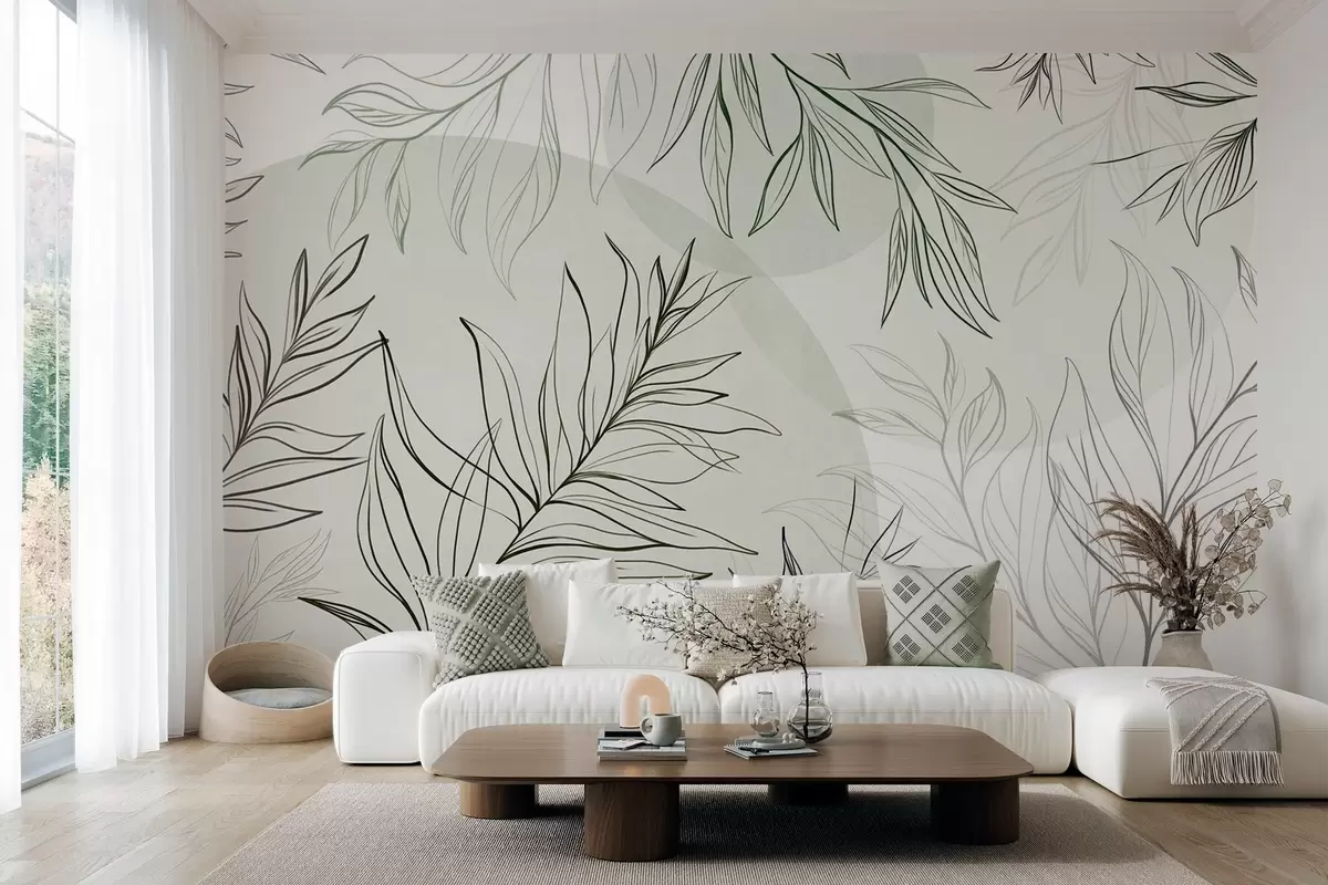 fototapet Desene minimaliste în stil line art reprezentând frunze și vegetație tropicală, forme circulare în culori pastelate w10111v2