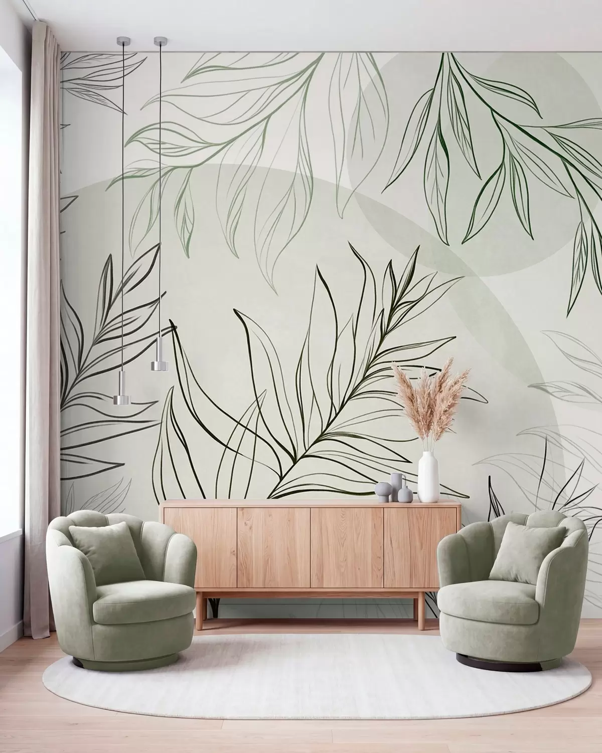 fototapet Desene minimaliste în stil line art reprezentând frunze și vegetație tropicală, forme circulare în culori pastelate w10111v2