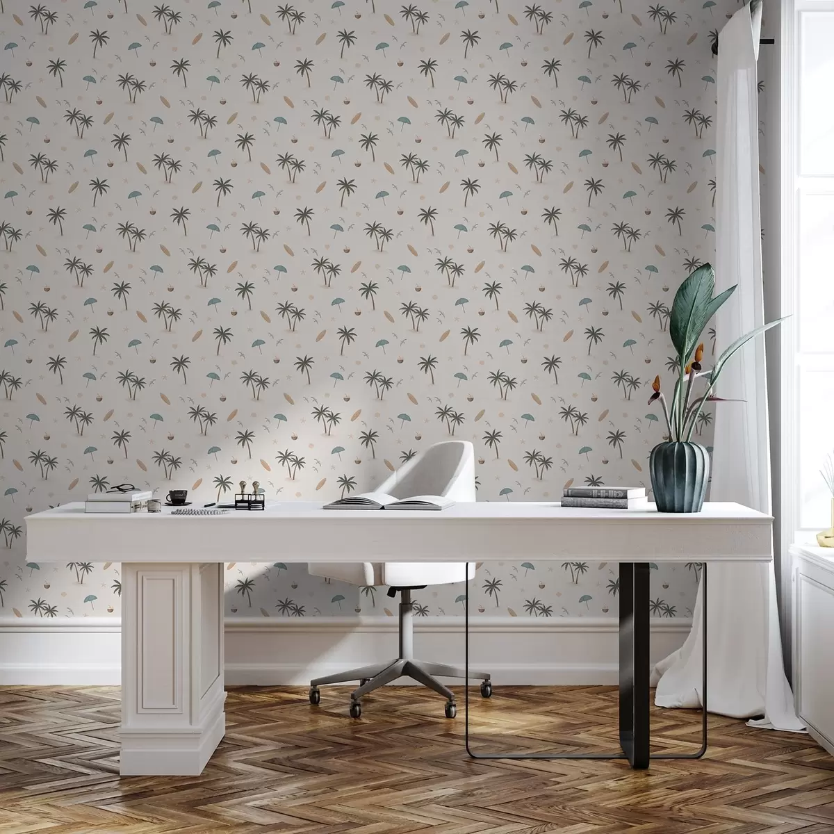Wallpaper Palmieri tropicali, păsări și umbrele de plajă pe un fundal deschis a01280
