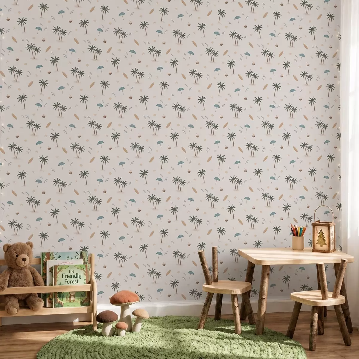 Wallpaper Palmieri tropicali, păsări și umbrele de plajă pe un fundal deschis a01280