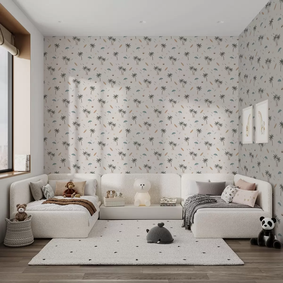 Wallpaper Palmieri tropicali, păsări și umbrele de plajă pe un fundal deschis a01280