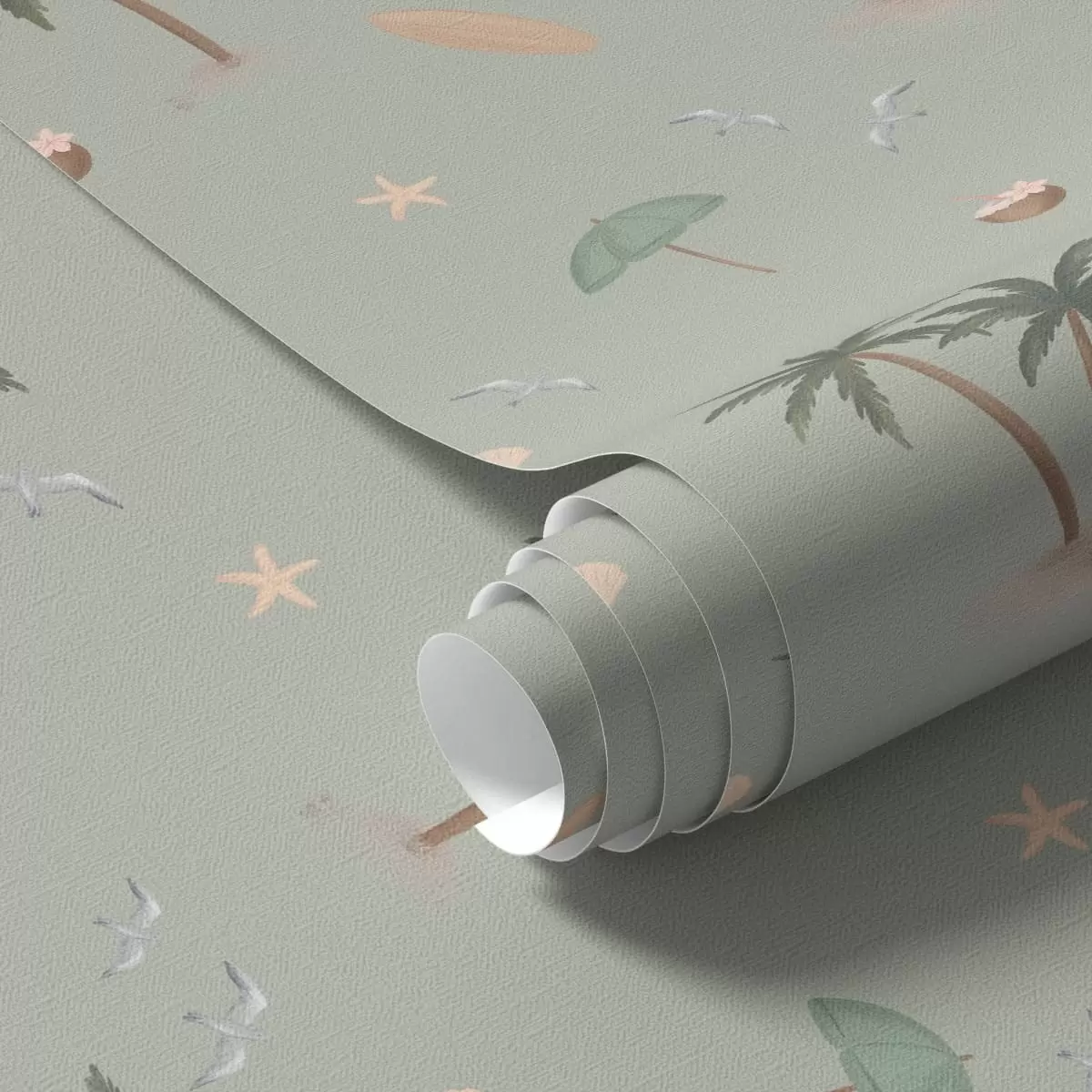 Wallpaper Palmieri tropicali, păsări și scoici pe un fundal verde salvie a01280v1