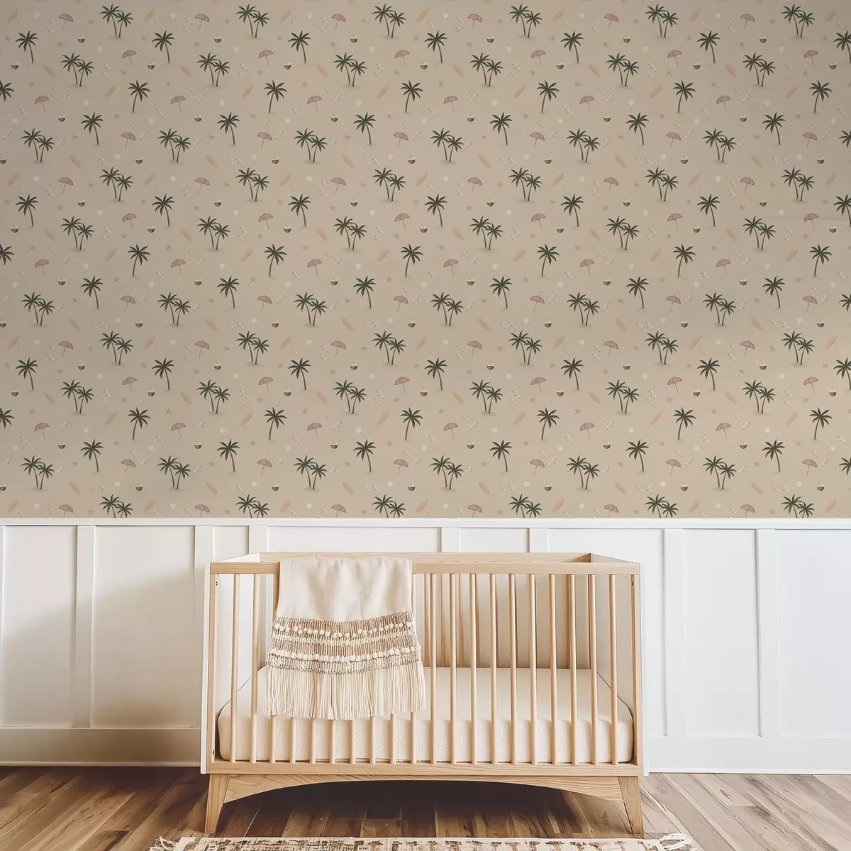 Wallpaper Palmiere tropicale, păsări și umbrele roz pe un fundal bej a01280v2