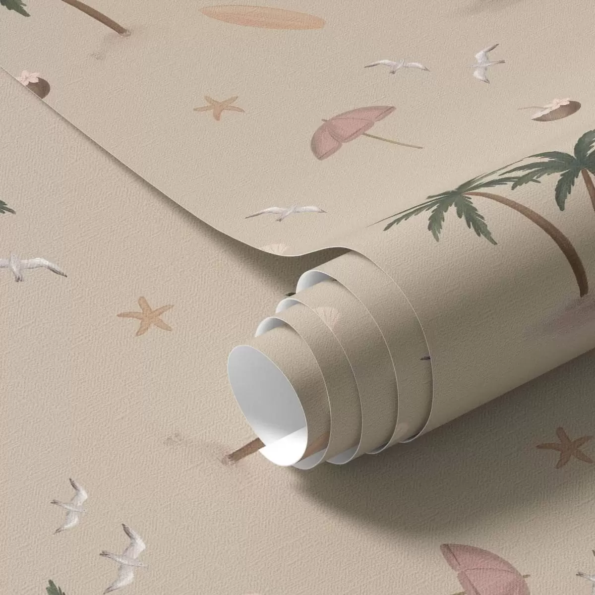 Wallpaper Palmiere tropicale, păsări și umbrele roz pe un fundal bej a01280v2